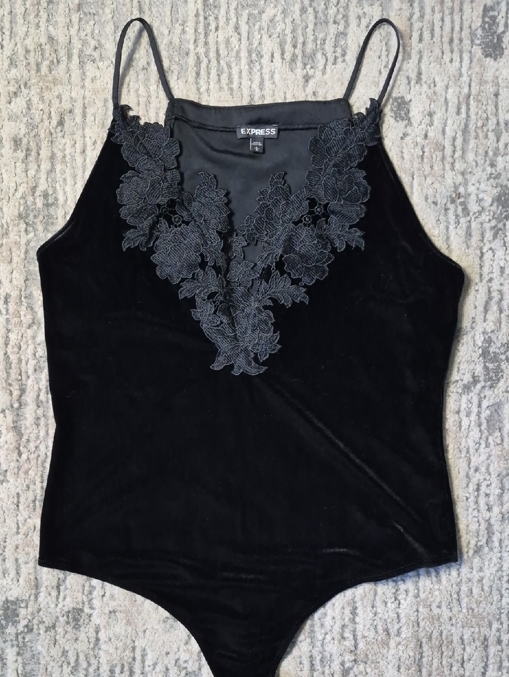 Express Lrg Womans Black Velvet Lace-Trim Bodysuit Going Out Festival Goth Cute